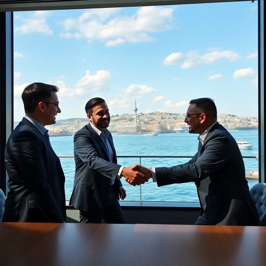İstanbul'da iş toplantısında el sıkışan iki iş insanı